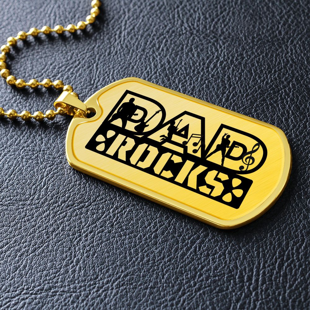 Dad Rocks Text with Guitarist Figures Dog Tag Necklace for Guitarist | Military Style Necklace SDT-DTD-0113