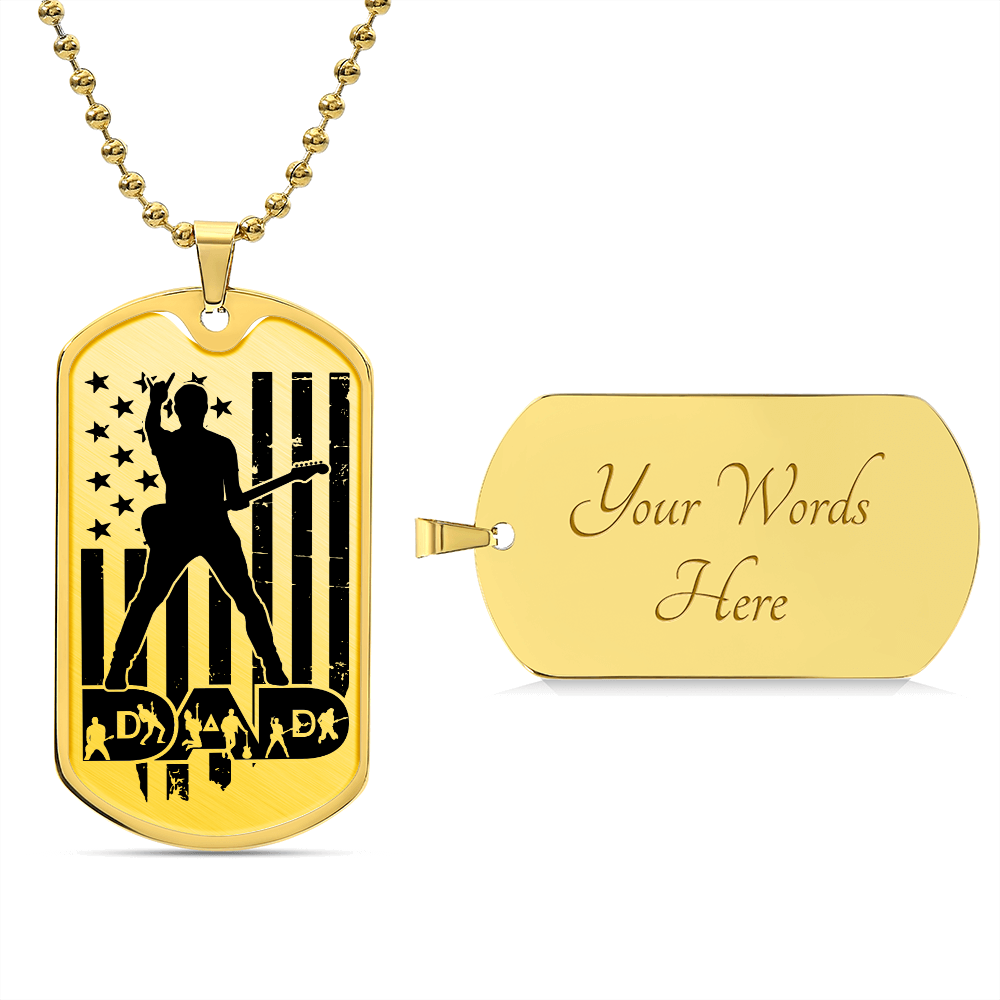 Dad Text with Guitarist Figures, USA Flag, Guitarist Silhouette Dog Tag Necklace for Guitarist | Military Style Necklace SDT-DTD-0111