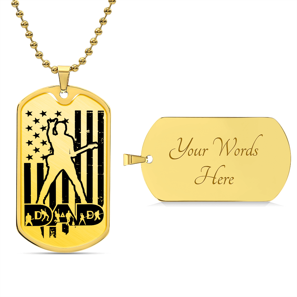 Dad Text with Guitarist Figures, USA Flag, Guitarist Outline Dog Tag Necklace for Guitarist | Military Style Necklace SDT-DTD-0109