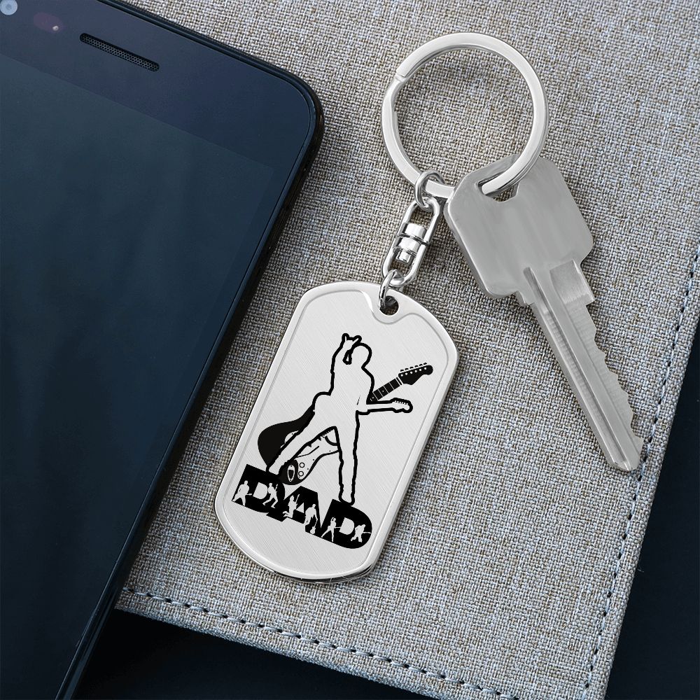 Dad Text with Guitarist Figures, Guitar Dog Tag Keychain for Guitarist | Military Style Keychain SDT-DTK-0110