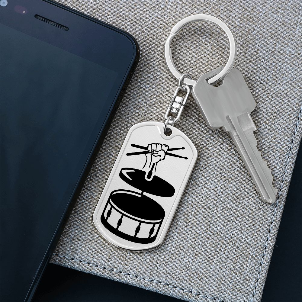 Fist with Drumsticks, Cymbals and Drums Dog Tag Keychain for Drummer Dad | Military Style Keychain SDT-DTK-0116