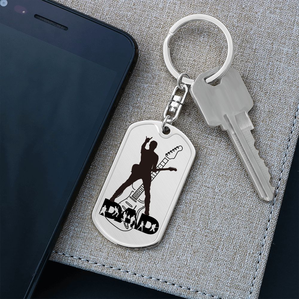 Dad Text with Guitarist Figures, Guitar Dog Tag Keychain for Guitarist | Military Style Keychain SDT-DTK-0112