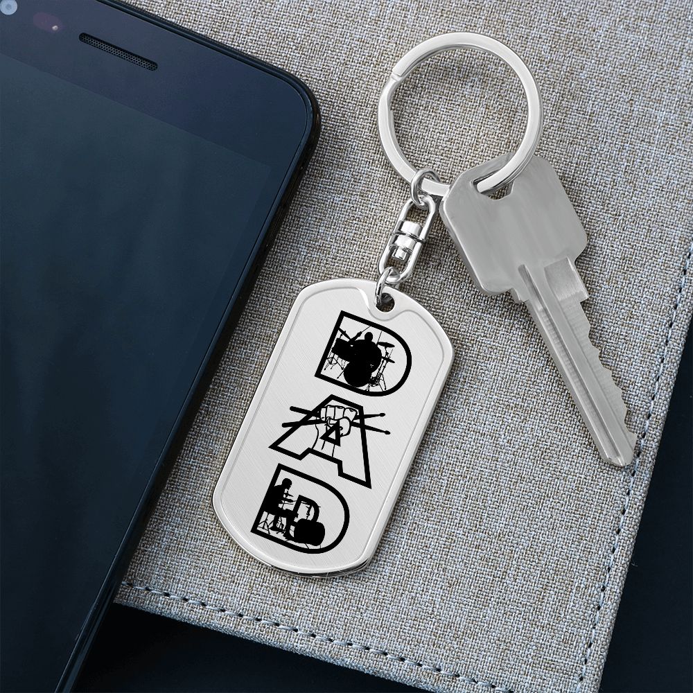 Dad Text with Drummer Figures Dog Tag Keychain for Drummer | Military Style Keychain SDT-DTK-0117