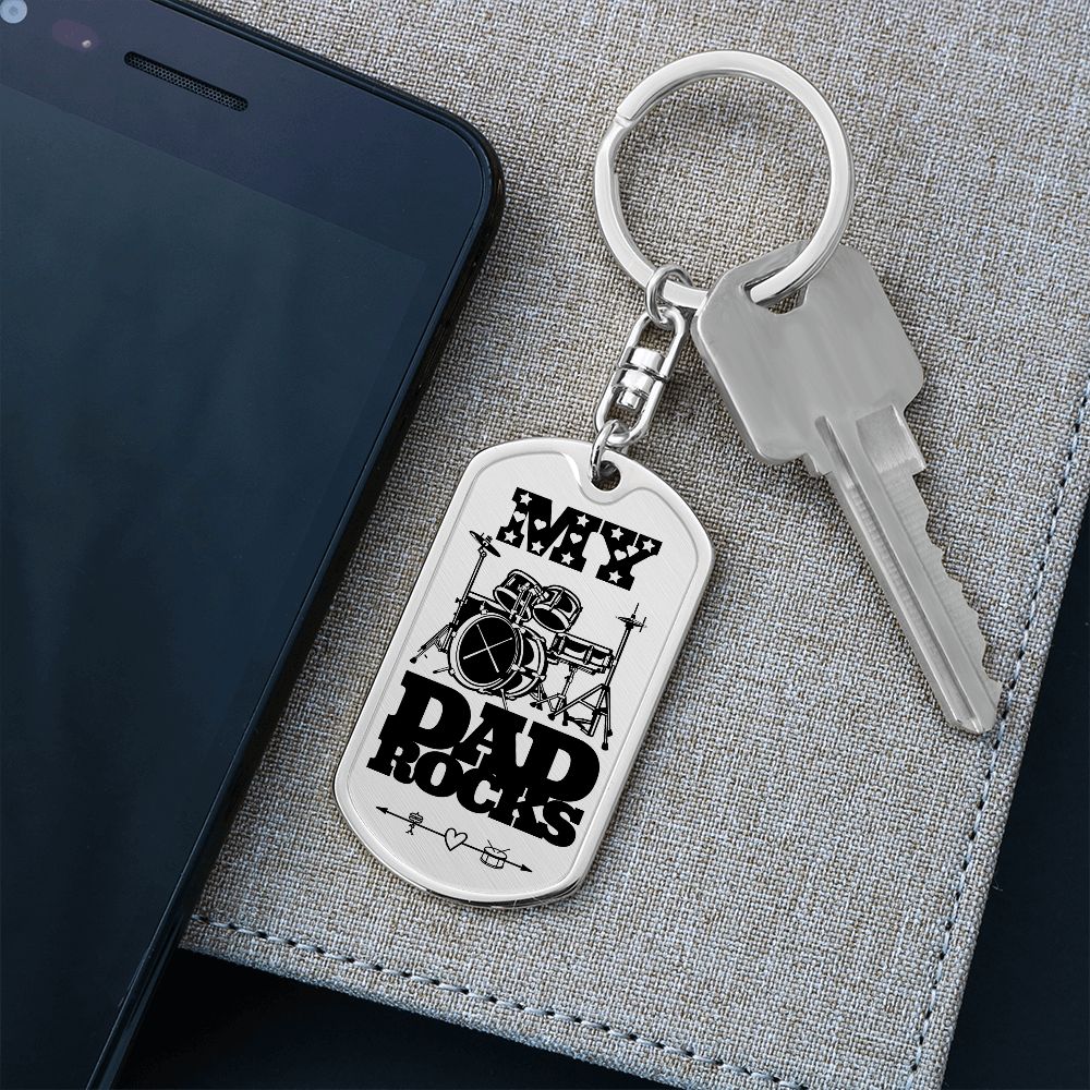 My Dad Rocks Drumkit Dog Tag Keychain for Drummer Dad | Military Style Keychain SDT-DTK-0115