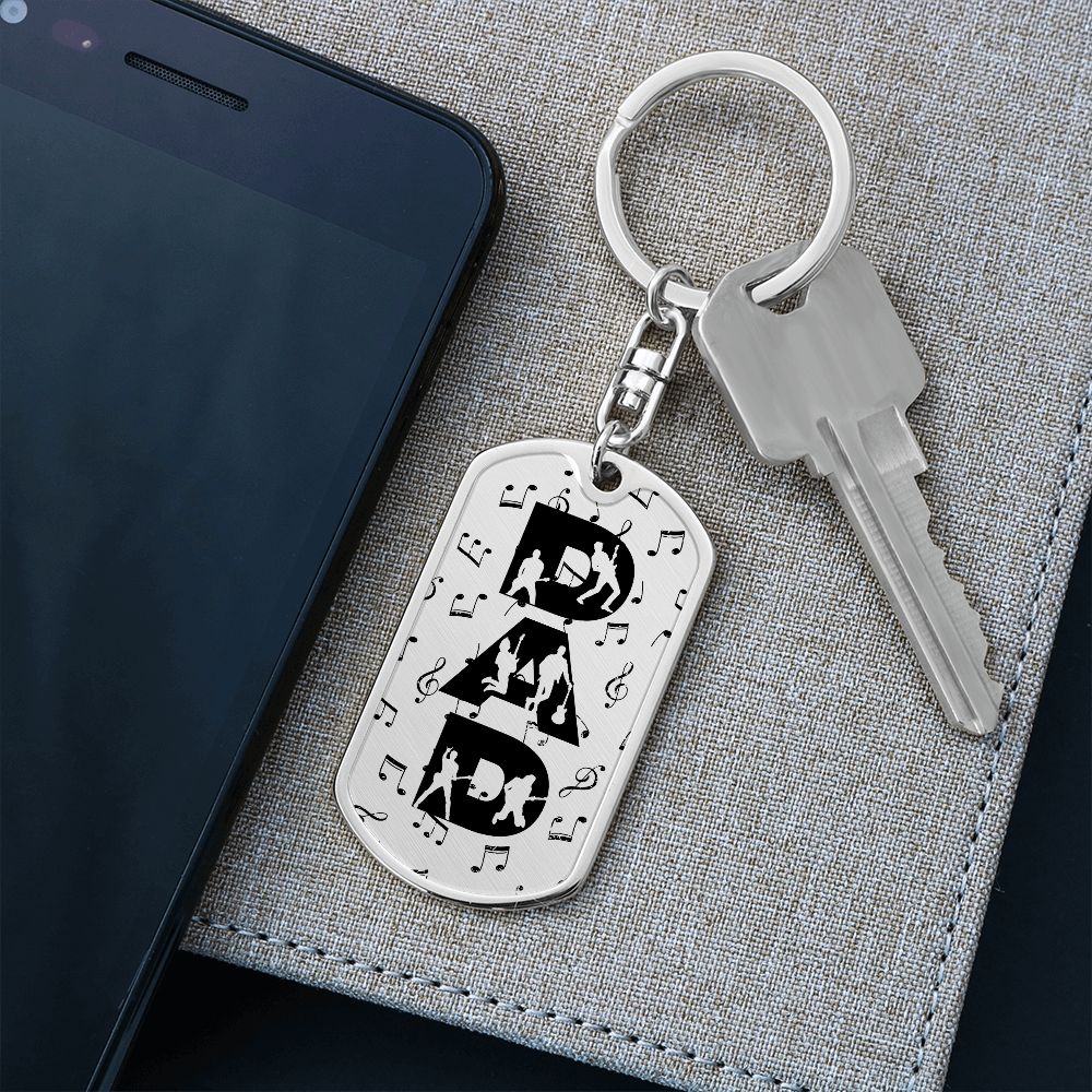 Dad Text with Guitarist Figures and Music Notes Dog Tag Keychain for Guitarist | Military Style Keychain SDT-DTK-0106