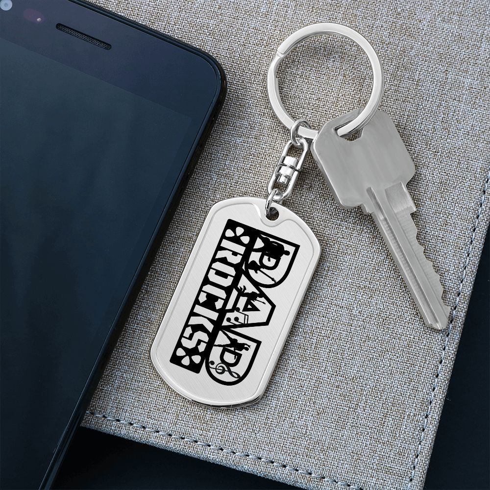 Dad Rocks Text with Guitarist Figures Dog Tag Keychain for Guitarist | Military Style Keychain SDT-DTK-0113