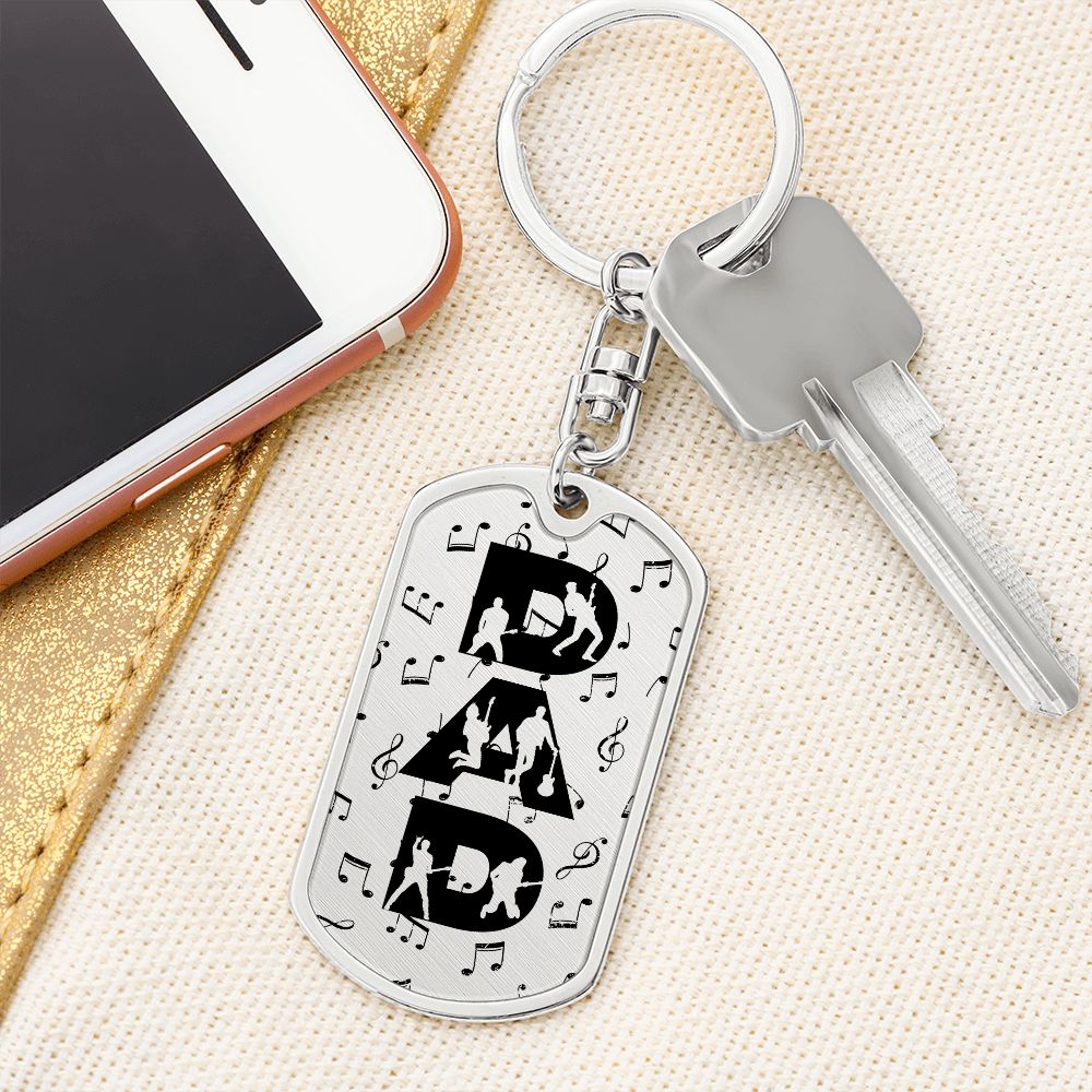 Dad Text with Guitarist Figures and Music Notes Dog Tag Keychain for Guitarist | Military Style Keychain SDT-DTK-0106