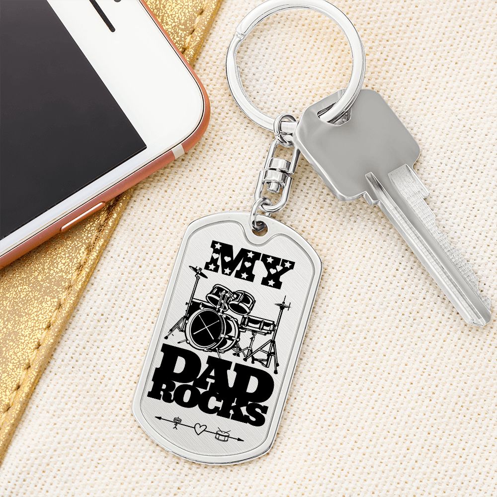 My Dad Rocks Drumkit Dog Tag Keychain for Drummer Dad | Military Style Keychain SDT-DTK-0115