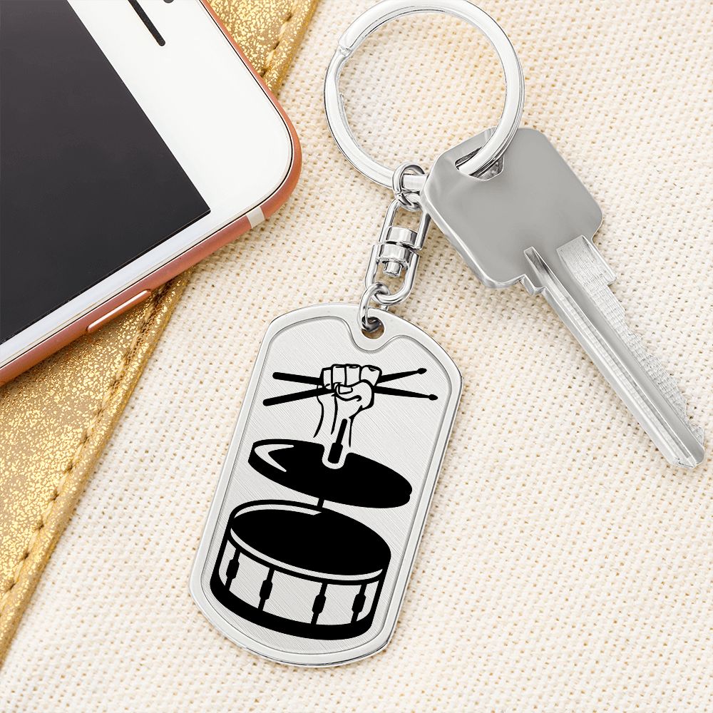 Fist with Drumsticks, Cymbals and Drums Dog Tag Keychain for Drummer Dad | Military Style Keychain SDT-DTK-0116