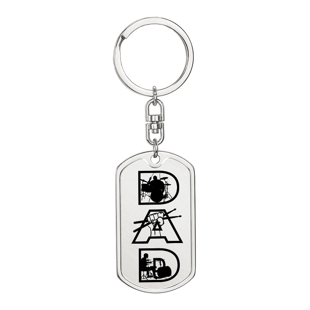 Dad Text with Drummer Figures Dog Tag Keychain for Drummer | Military Style Keychain SDT-DTK-0117