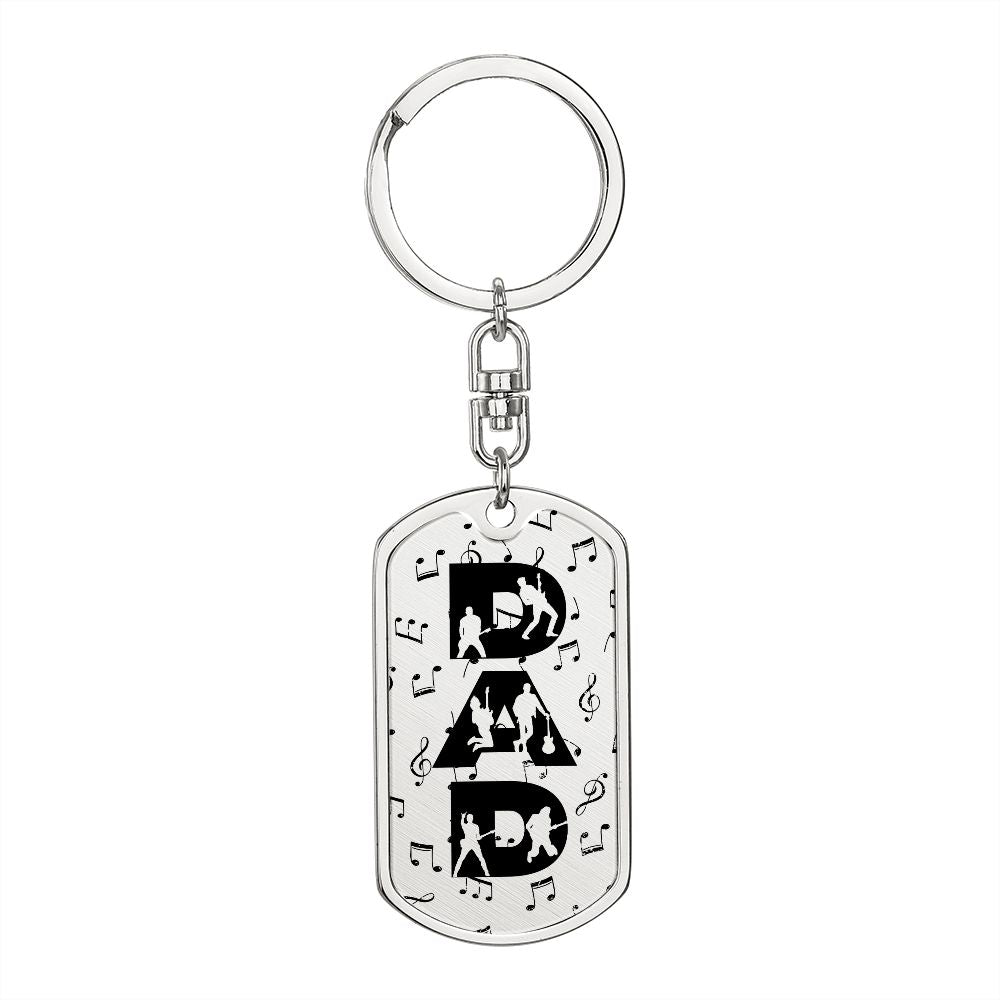 Dad Text with Guitarist Figures and Music Notes Dog Tag Keychain for Guitarist | Military Style Keychain SDT-DTK-0106