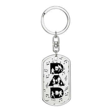 Dad Text with Guitarist Figures and Music Notes Dog Tag Keychain for Guitarist | Military Style Keychain SDT-DTK-0106