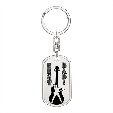 The Best Dad Guitarist Silhouette Dog Tag Keychain (SDT-DTK-0108) features a black guitar player silhouette and "BEST DAD!" textβa perfect personalized military-style keychain gift for any guitarist dad.
