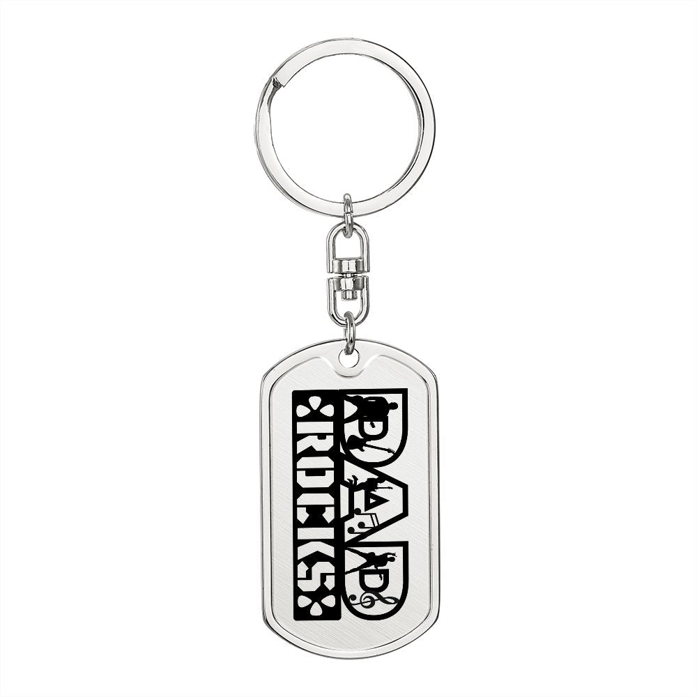 Dad Rocks Text with Guitarist Figures Dog Tag Keychain for Guitarist | Military Style Keychain SDT-DTK-0113