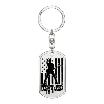 Dad Text with Guitarist Figures, USA Flag, Guitarist Silhouette Dog Tag Keychain for Guitarist| Military Style Keychain SDT-DTK-0111