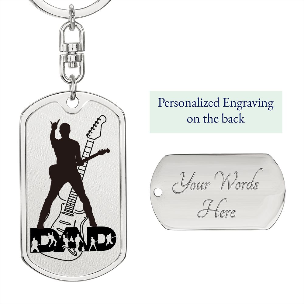 Dad Text with Guitarist Figures, Guitar Dog Tag Keychain for Guitarist | Military Style Keychain SDT-DTK-0112