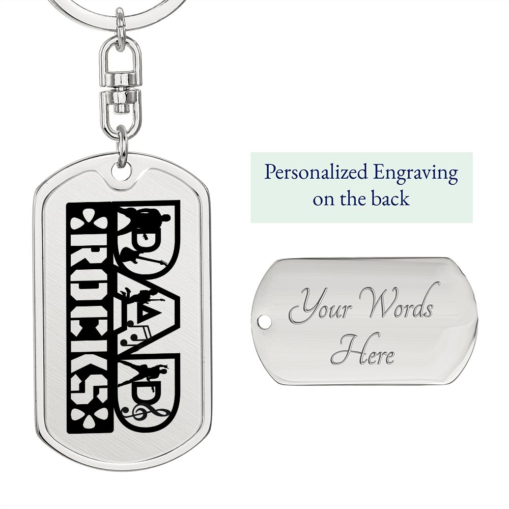 Dad Rocks Text with Guitarist Figures Dog Tag Keychain for Guitarist | Military Style Keychain SDT-DTK-0113