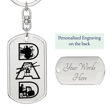 Dad Text with Drummer Figures Dog Tag Keychain for Drummer | Military Style Keychain SDT-DTK-0117