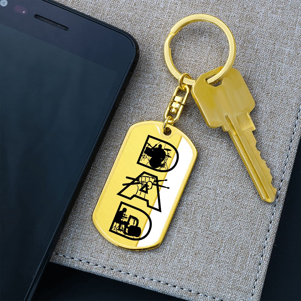 Dad Text with Drummer Figures Dog Tag Keychain for Drummer | Military Style Keychain SDT-DTK-0117