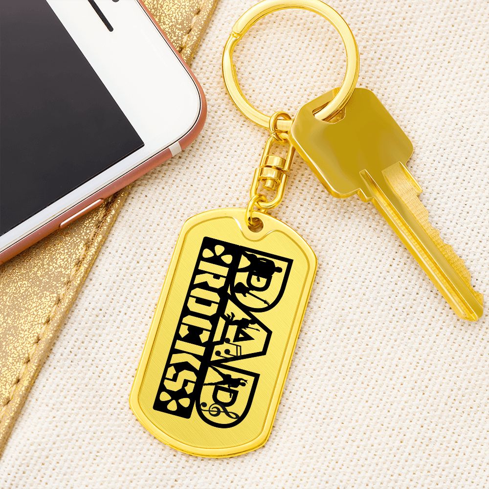 Dad Rocks Text with Guitarist Figures Dog Tag Keychain for Guitarist | Military Style Keychain SDT-DTK-0113