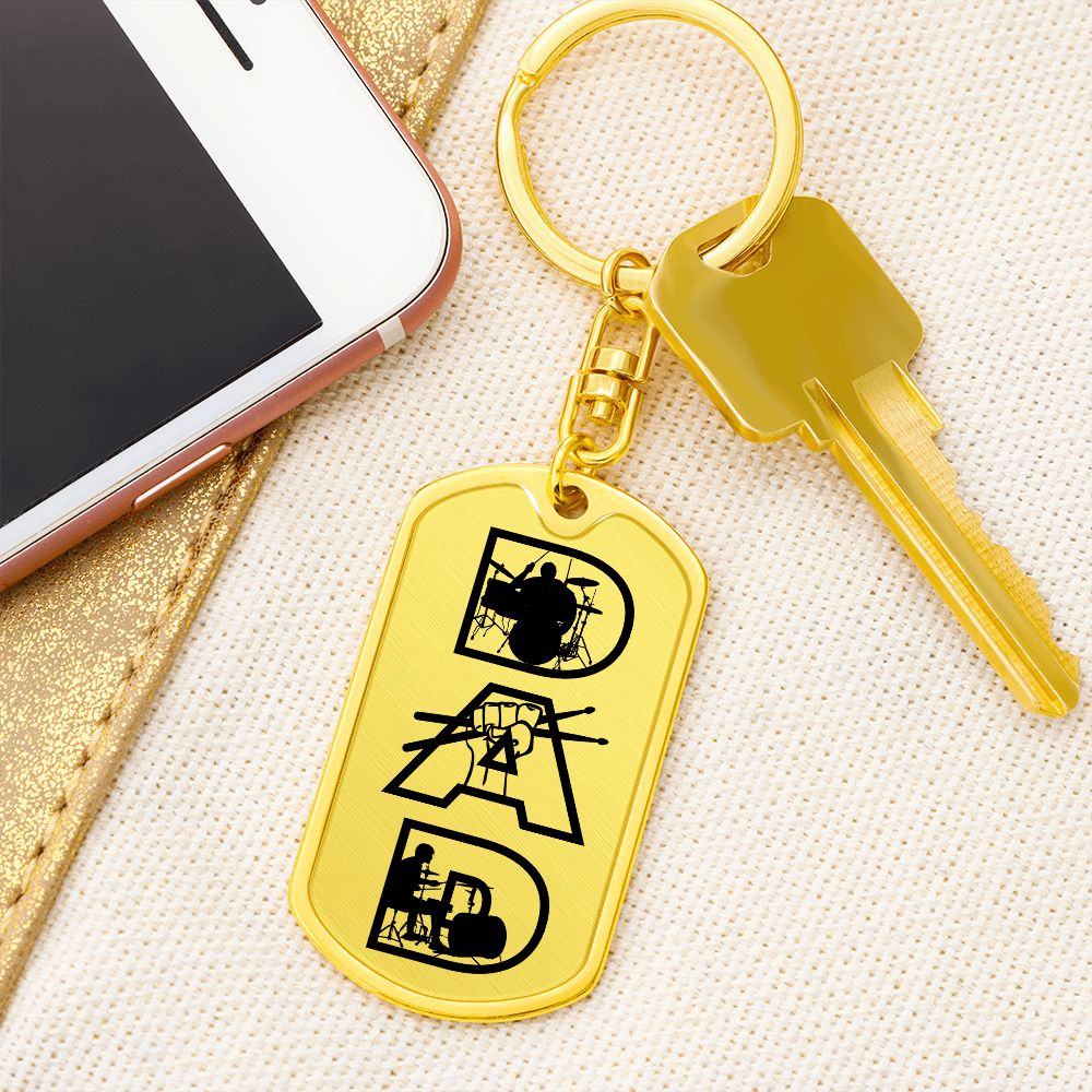 Dad Text with Drummer Figures Dog Tag Keychain for Drummer | Military Style Keychain SDT-DTK-0117