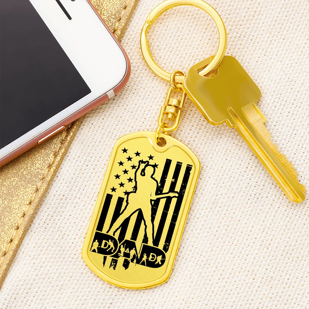 Dad Text with Guitarist Figures, USA Flag, Guitarist Outline Dog Tag Keychain for Guitarist | Military Style Keychain SDT-DTK-0109