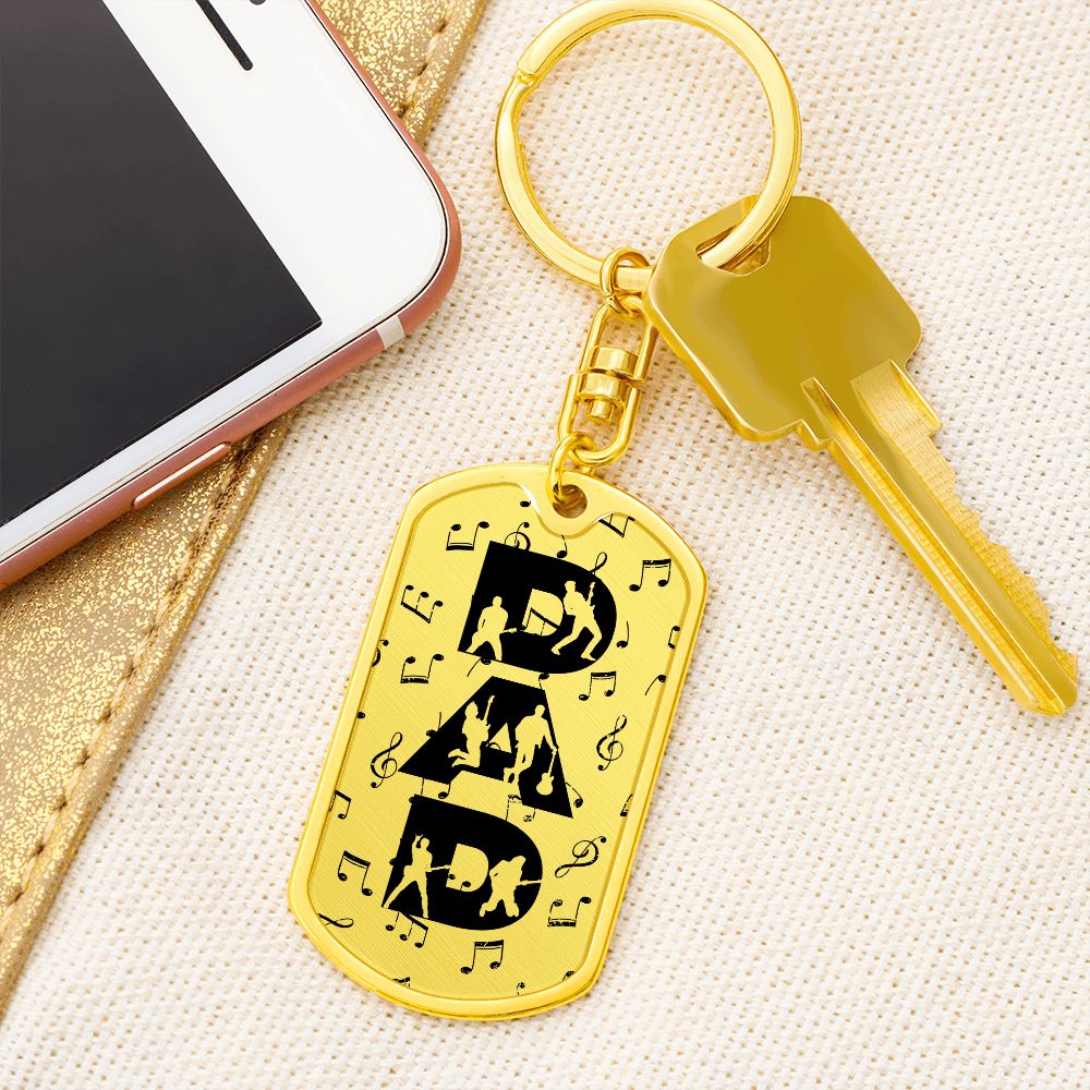 Dad Text with Guitarist Figures and Music Notes Dog Tag Keychain for Guitarist | Military Style Keychain SDT-DTK-0106