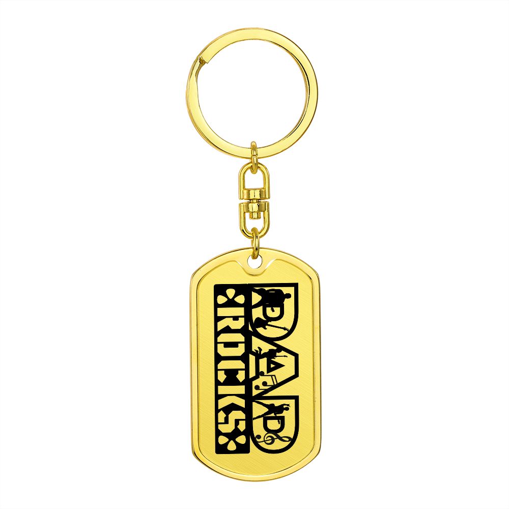 Dad Rocks Text with Guitarist Figures Dog Tag Keychain for Guitarist | Military Style Keychain SDT-DTK-0113