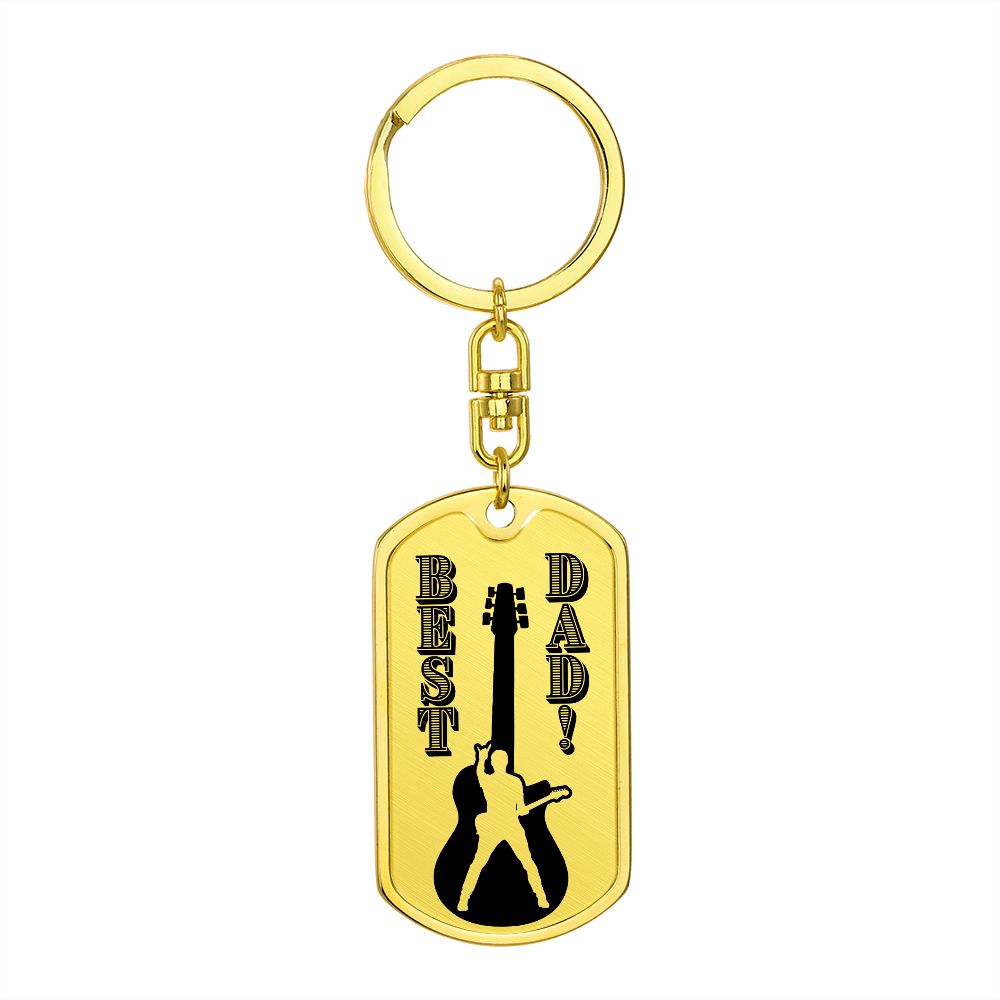 The Best Dad Guitarist Silhouette Dog Tag Keychain (SDT-DTK-0108) features a gold military style with a black guitarist silhouette and “BEST DAD!” text—an ideal personalized gift for any guitarist dad.