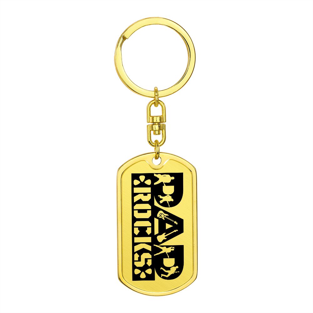 Dad Rocks Text with Guitarist Figures Dog Tag Keychain for Guitarist | Military Style Keychain SDT-DTK-0114
