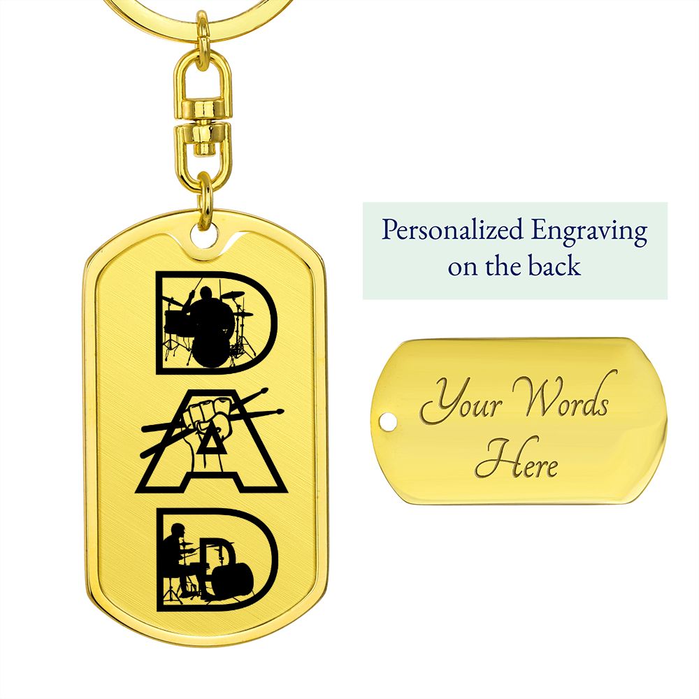 Dad Text with Drummer Figures Dog Tag Keychain for Drummer | Military Style Keychain SDT-DTK-0117