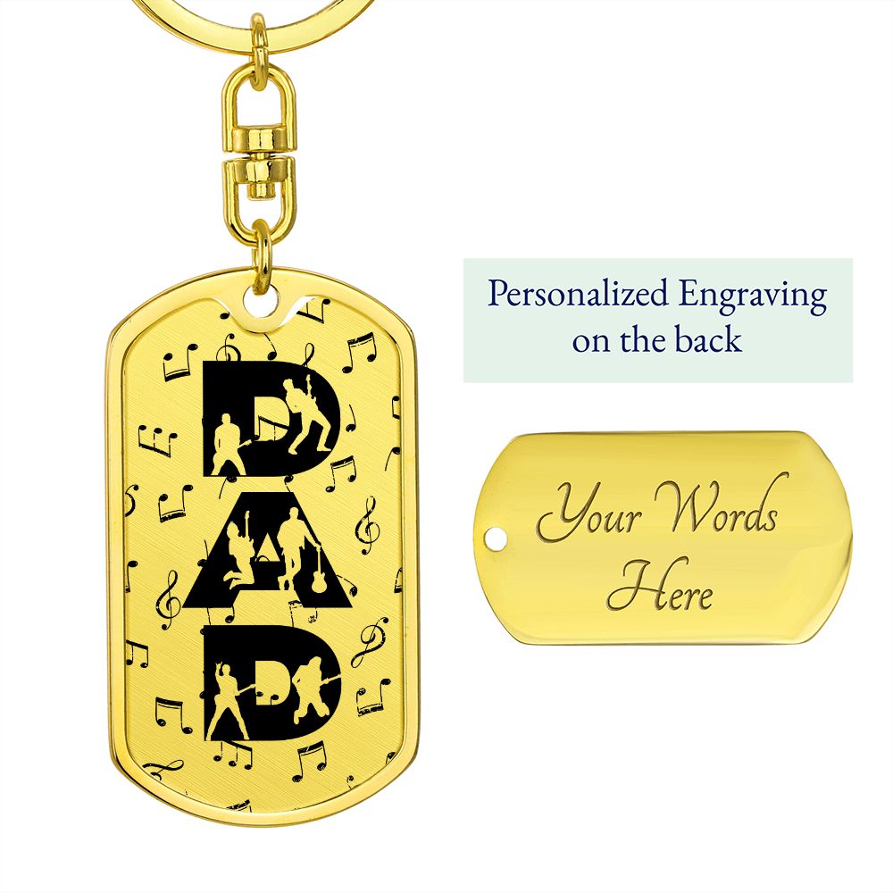 Dad Text with Guitarist Figures and Music Notes Dog Tag Keychain for Guitarist | Military Style Keychain SDT-DTK-0106