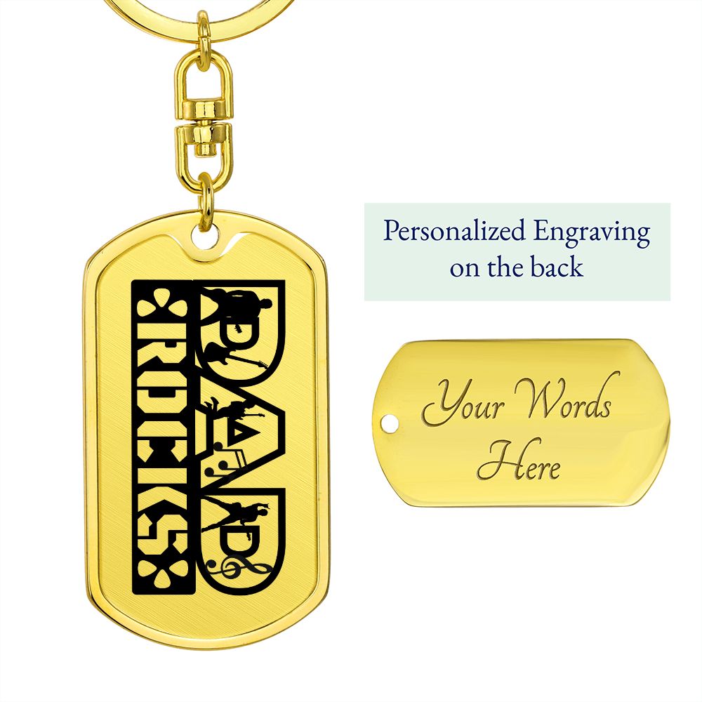 Dad Rocks Text with Guitarist Figures Dog Tag Keychain for Guitarist | Military Style Keychain SDT-DTK-0113