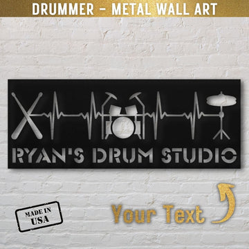 custom metal wall sign drumkit drumsticks with custom name for drummer - personalized drummer sign