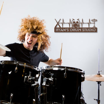custom metal wall sign drumkit drumsticks with name for drummer - personalized drummer sign