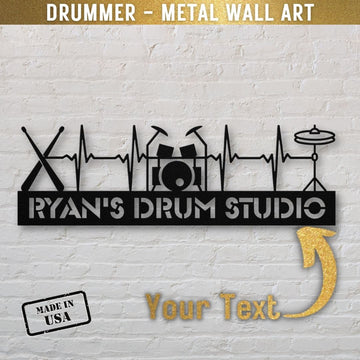 custom metal wall sign drumkit drumsticks with name for drummer - personalized drummer sign