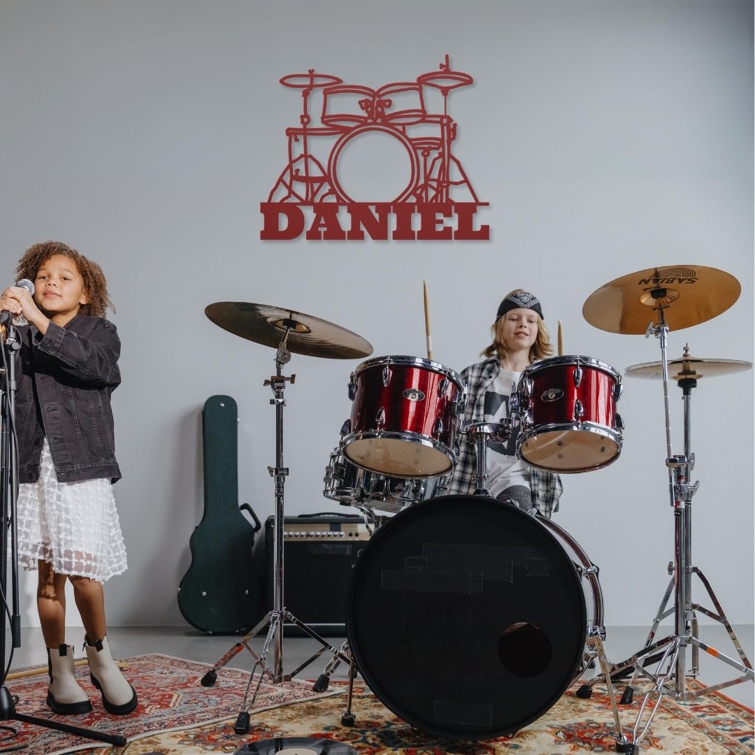custom metal wall sign drumkit with name for drummer - personalized red drummer sign