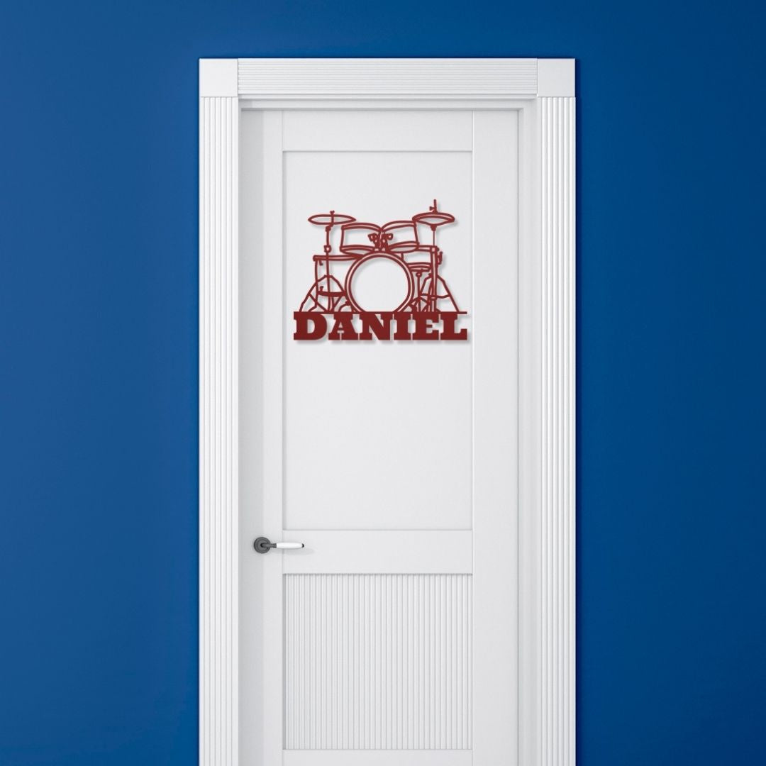 custom metal wall sign drumkit with name for drummer - personalized red drummer sign