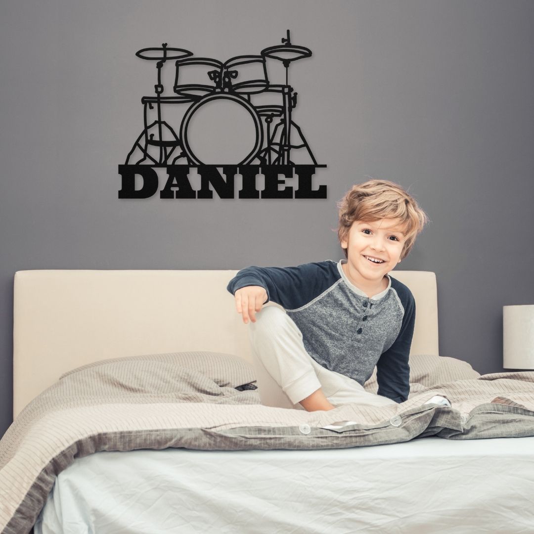custom metal wall sign drumkit with name for drummer - personalized black drummer sign