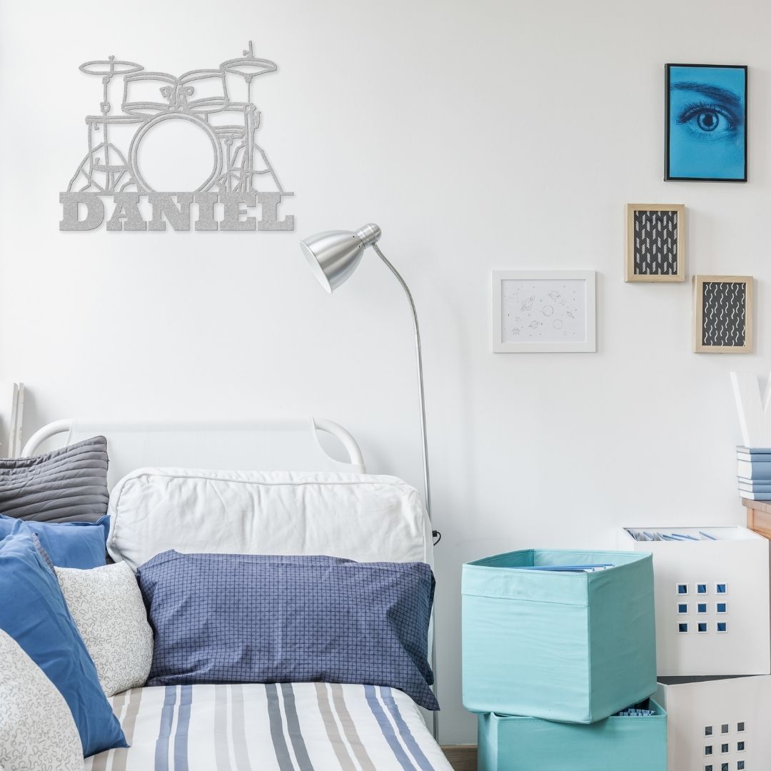custom metal wall sign drumkit with name for drummer - personalized silver drummer sign