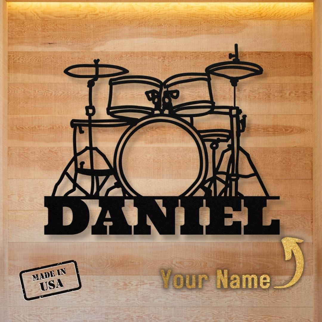 custom metal wall sign drumkit with name for drummer - personalized black drummer sign 