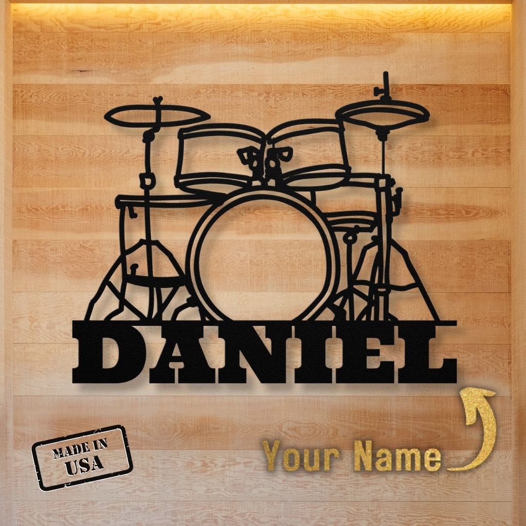 custom metal wall sign drumkit with name for drummer - personalized black drummer sign