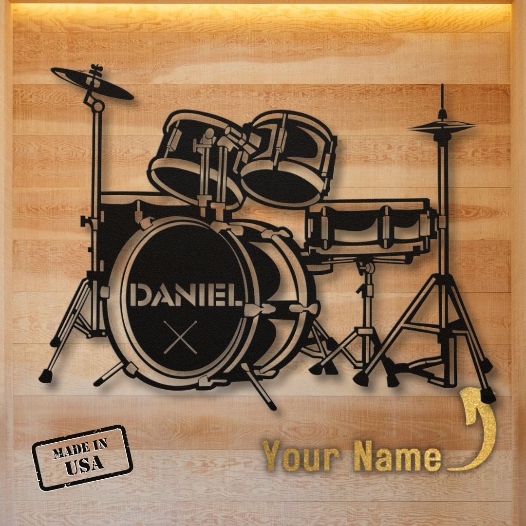 custom metal wall sign drumkit with name for drummer - personalized drummer sign