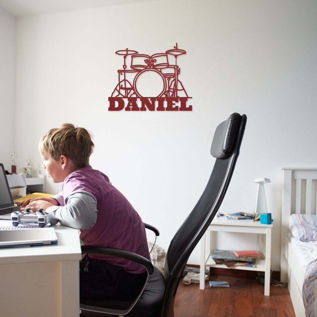 custom metal wall sign drumkit with name for drummer - personalized red drummer sign