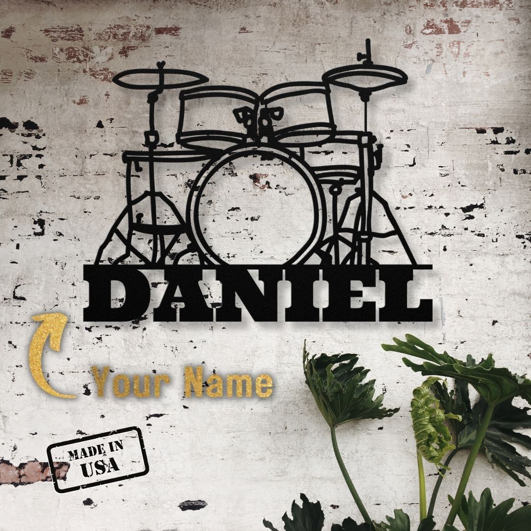 custom metal wall sign drumkit with name for drummer - personalized black drummer sign