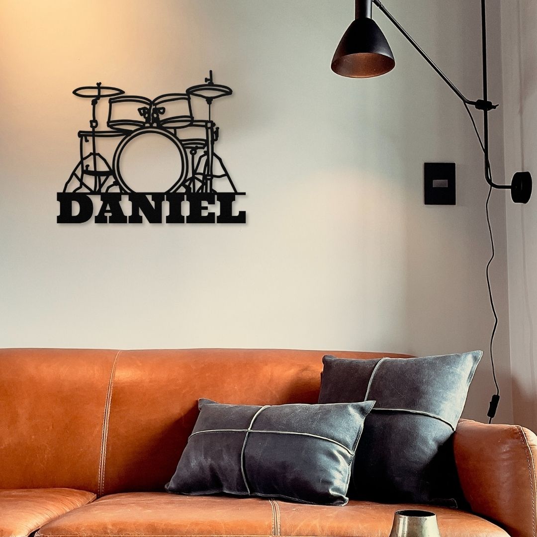 custom metal wall sign drumkit with name for drummer - personalized black drummer sign