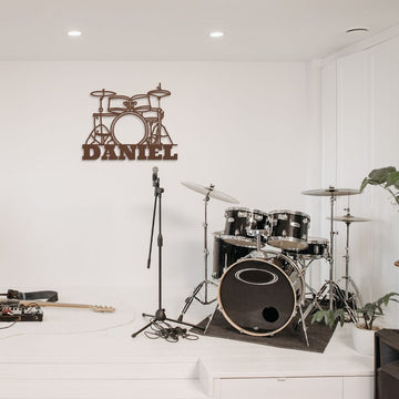 custom metal wall sign drumkit with name for drummer - personalized copper drummer sign
