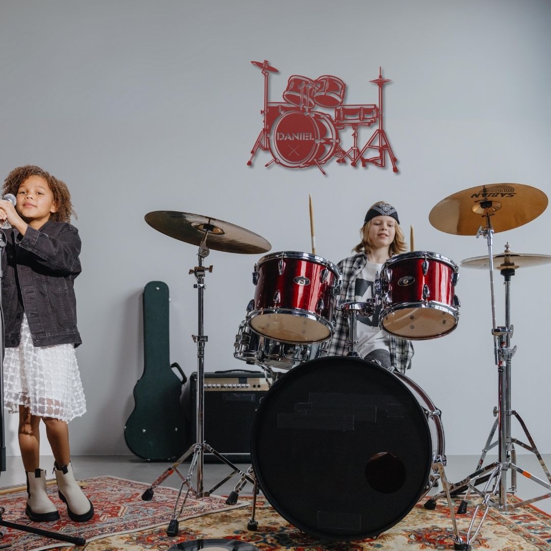 custom metal wall sign drumkit with name for drummer - personalized drummer sign