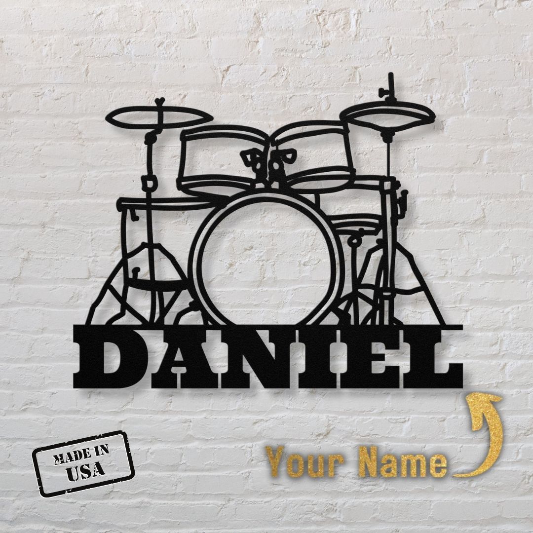 custom metal wall sign drumkit with name for drummer - personalized black drummer sign