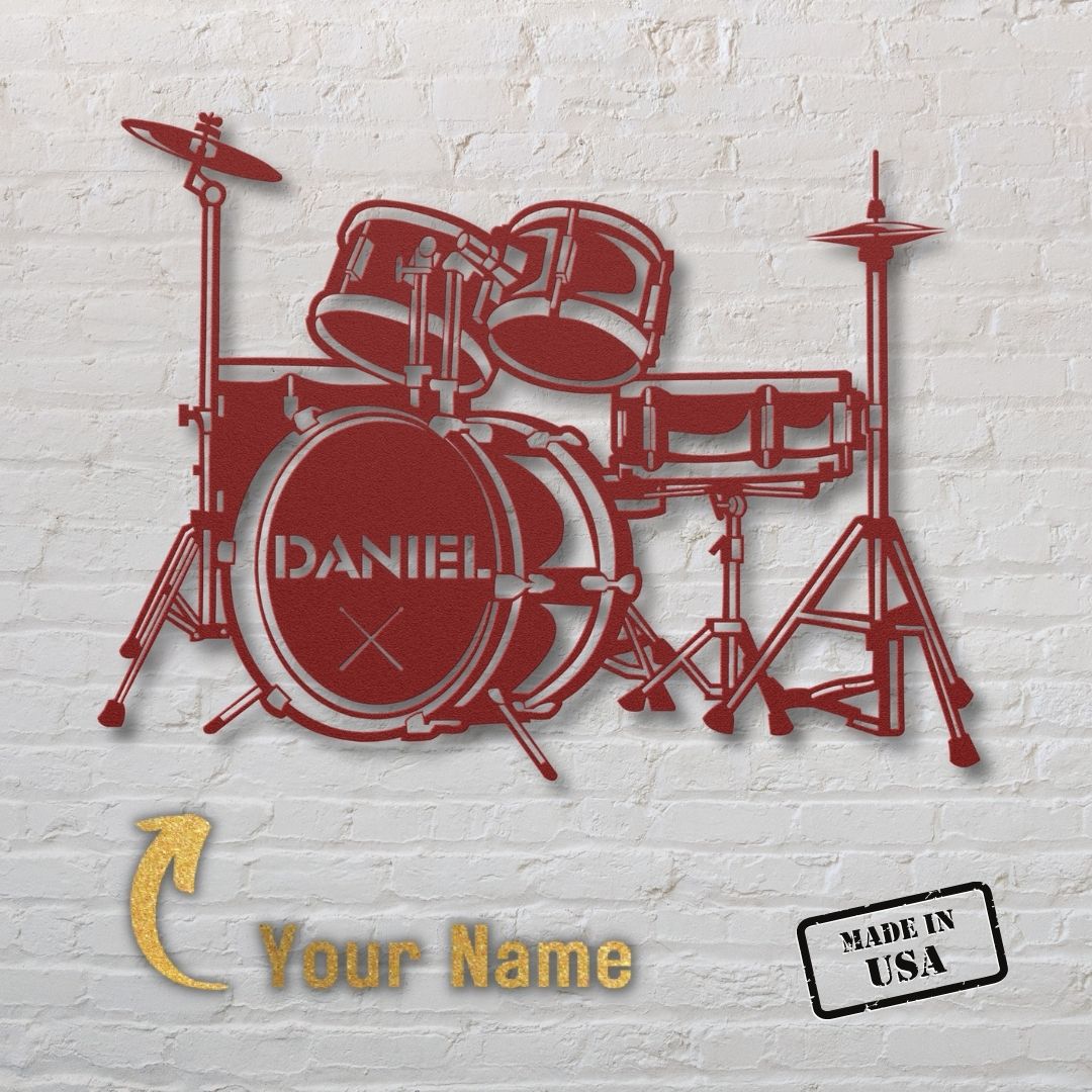 custom metal wall sign drumkit with name for drummer - personalized drummer sign